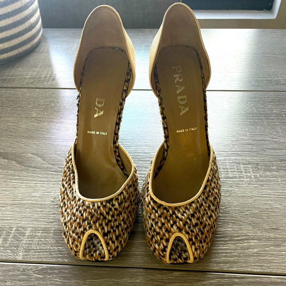 Prada Peep Toe Tweed Heel